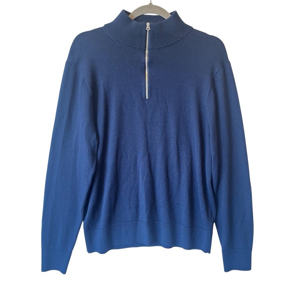 J Crew 1/4 Zip Sweater Mock neck Large Merino wool blend Navy blue Long sleeves